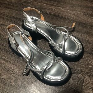 Silver Metallic Chunky Platform Heels Ankle Strap Sandals Size 7.5